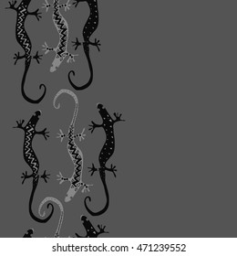 Seamless vertical  pattern with lizards, reptile, zigzag, object, ellipses, copy space . Hand drawn.