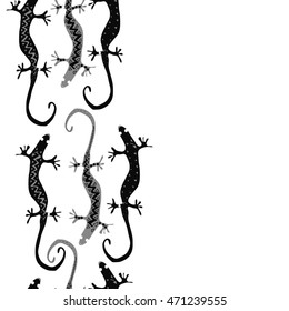 Seamless vertical  pattern with lizards, reptile, zigzag, object, ellipses, copy space . Hand drawn.