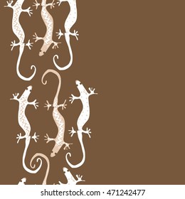 Seamless vertical  pattern with lizards, reptile, zigzag, object, ellipses, copy space . Hand drawn.