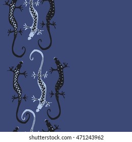 Seamless vertical  pattern with lizards, reptile, zigzag, object, ellipses, copy space . Hand drawn.