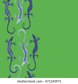 Seamless vertical  pattern with lizards, reptile, zigzag, object, ellipses, copy space . Hand drawn.