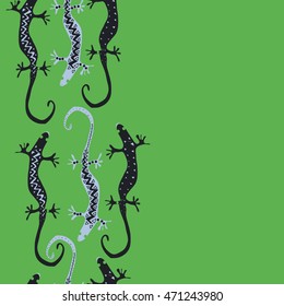 Seamless vertical  pattern with lizards, reptile, zigzag, object, ellipses, copy space . Hand drawn.