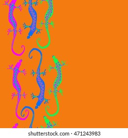 Seamless vertical  pattern with lizards, reptile, zigzag, object, ellipses, copy space . Hand drawn.
