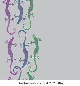 Seamless vertical  pattern with lizards, reptile, zigzag, object, ellipses, copy space . Hand drawn.