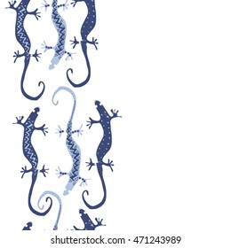 Seamless vertical  pattern with lizards, reptile, zigzag, object, ellipses, copy space . Hand drawn.