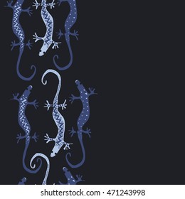 Seamless vertical  pattern with lizards, reptile, zigzag, object, ellipses, copy space . Hand drawn.