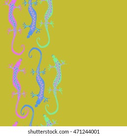 Seamless vertical  pattern with lizards, reptile, zigzag, object, ellipses, copy space . Hand drawn.