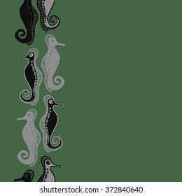 Seamless   vertical pattern  of  marine inhabitants, sea Horses,spirals, hole, spots, copy space. Hand drawn.