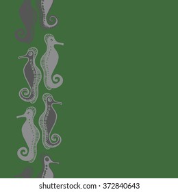 Seamless   vertical pattern  of  marine inhabitants, sea Horses,spirals, hole, spots, copy space. Hand drawn.