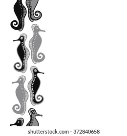 Seamless   vertical pattern  of  marine inhabitants, sea Horses,spirals, hole, spots, copy space. Hand drawn.