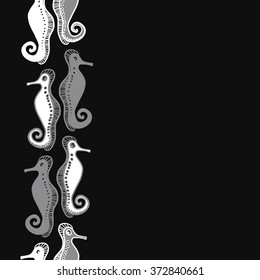 Seamless   vertical pattern  of  marine inhabitants, sea Horses,spirals, hole, spots, copy space. Hand drawn.