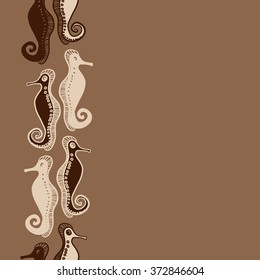 Seamless   vertical pattern  of  marine inhabitants, sea Horses,spirals, hole, spots, copy space. Hand drawn.