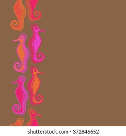 Seamless   vertical pattern  of  marine inhabitants, sea Horses,spirals, hole, spots, copy space. Hand drawn.