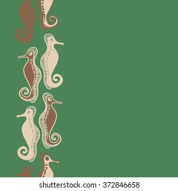 Seamless   vertical pattern  of  marine inhabitants, sea Horses,spirals, hole, spots, copy space. Hand drawn.
