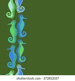 Seamless   vertical pattern  of  marine inhabitants, sea Horses,spirals, hole, spots, copy space. Hand drawn.