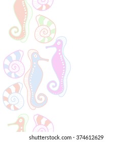 Seamless  vertical  pattern  of  marine inhabitants,sea horses,shells, spots,hole,copy space. Hand drawn.