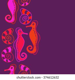 Seamless  vertical  pattern  of  marine inhabitants,sea horses,shells, spots,hole,copy space. Hand drawn.