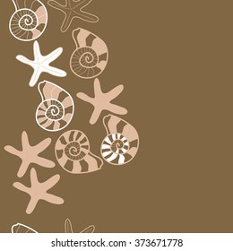 Seamless  vertical  pattern  of  marine inhabitants,shells, stars, spots,spirals, copy space. Hand drawn.