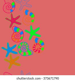 Seamless  vertical  pattern  of  marine inhabitants,shells, stars, spots,spirals, copy space. Hand drawn.