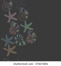 Seamless  vertical  pattern  of  marine inhabitants,shells, stars, spots,spirals, copy space. Hand drawn.