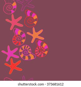 Seamless  vertical  pattern  of  marine inhabitants,shells, stars, spots,spirals, copy space. Hand drawn.