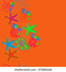Seamless  vertical  pattern  of  marine inhabitants,shells, stars, spots,spirals, copy space. Hand drawn.