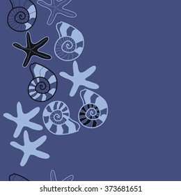 Seamless  vertical  pattern  of  marine inhabitants,shells, stars, spots,spirals, copy space. Hand drawn.