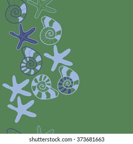 Seamless  vertical  pattern  of  marine inhabitants,shells, stars, spots,spirals, copy space. Hand drawn.