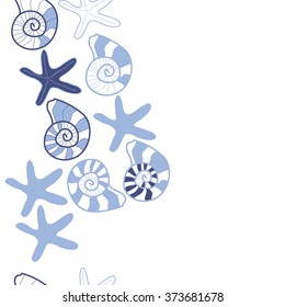 Seamless  vertical  pattern  of  marine inhabitants,shells, stars, spots,spirals, copy space. Hand drawn.