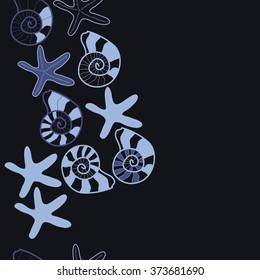 Seamless  vertical  pattern  of  marine inhabitants,shells, stars, spots,spirals, copy space. Hand drawn.
