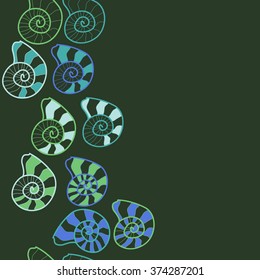 Seamless  vertical  pattern  of  marine inhabitants,shells,spots,spirals,hole,copy space. Hand drawn.