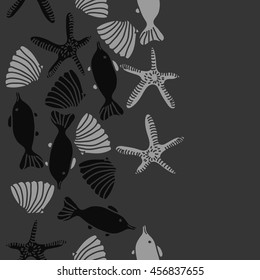 Seamless   vertical   pattern of  marine inhibitions , doodles, starfishes, spot, hole,  fishes, shells, object, copy space. Hand drawn.