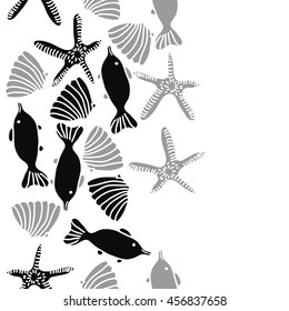 Seamless   vertical   pattern of  marine inhibitions , doodles, starfishes, spot, hole,  fishes, shells, object, copy space. Hand drawn.