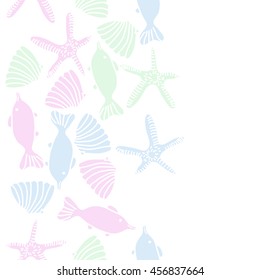 Seamless   vertical   pattern of  marine inhibitions , doodles, starfishes, spot, hole,  fishes, shells, object, copy space. Hand drawn.