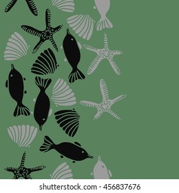 Seamless   vertical   pattern of  marine inhibitions , doodles, starfishes, spot, hole,  fishes, shells, object, copy space. Hand drawn.
