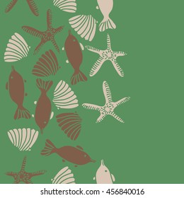 Seamless   vertical   pattern of  marine inhibitions , doodles, starfishes, spot, hole,  fishes, shells, object, copy space. Hand drawn.