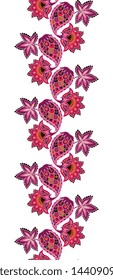 Seamless vertical pattern with paisley, leaves and fabulous flowers isolated on white background. Design element.