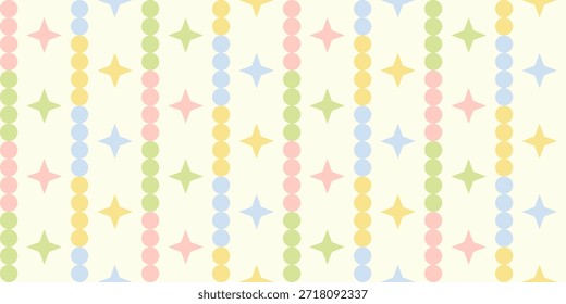 Seamless vertical pattern with pastel bubbles and sparkle stars on cream background.