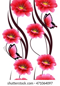 Seamless vertical pattern with pink flowers and butterflies.