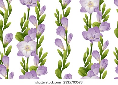 Patrón vertical sin foco con flores de freesia morada y brotes verdes. Papel de escritorio, tela, papel de envoltura, papel de reserva de recortes.