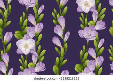 Seamless vertical pattern with  purple freesia flowers and green buds. Wallpaper, fabric, wrapping paper, scrapbooking paper.