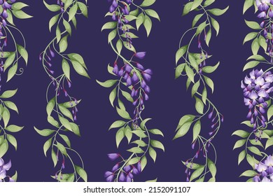 Patrón vertical sin foco con glicinia morada y hojas verdes. Papel de escritorio, tela, papel de envoltura, papel de raspado