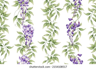 Seamless vertical pattern with purple wisteria and green leaves. Wallpaper, fabric, wrapping paper, scrapbooking paper svg