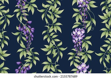 Seamless vertical pattern with purple wisteria and green leaves. Wallpaper, fabric, wrapping paper, scrapbooking paper svg