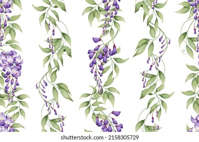 Seamless vertical pattern with purple wisteria and green leaves. Wallpaper, fabric, wrapping paper, scrapbooking paper. svg