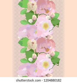Seamless vertical pattern with roses. Natural delicate ornament. Vector style background. Use for textile design, embroidery, braid, tape, ribbon.