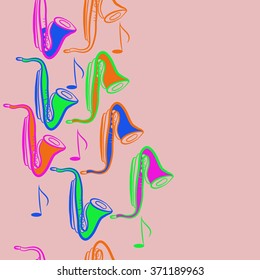 Seamless  vertical  pattern  of saxophones , doodles, objects,notes, copy space . Hand drawn.