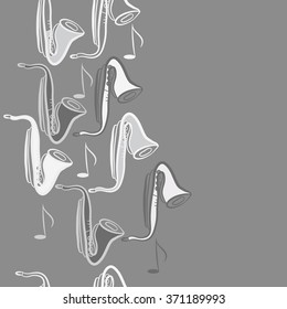 Seamless  vertical  pattern  of saxophones , doodles, objects,notes, copy space . Hand drawn.