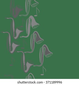 Seamless  vertical  pattern  of saxophones , doodles, objects,notes, copy space . Hand drawn.