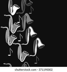 Seamless  vertical  pattern  of saxophones , doodles, objects,notes, copy space . Hand drawn.